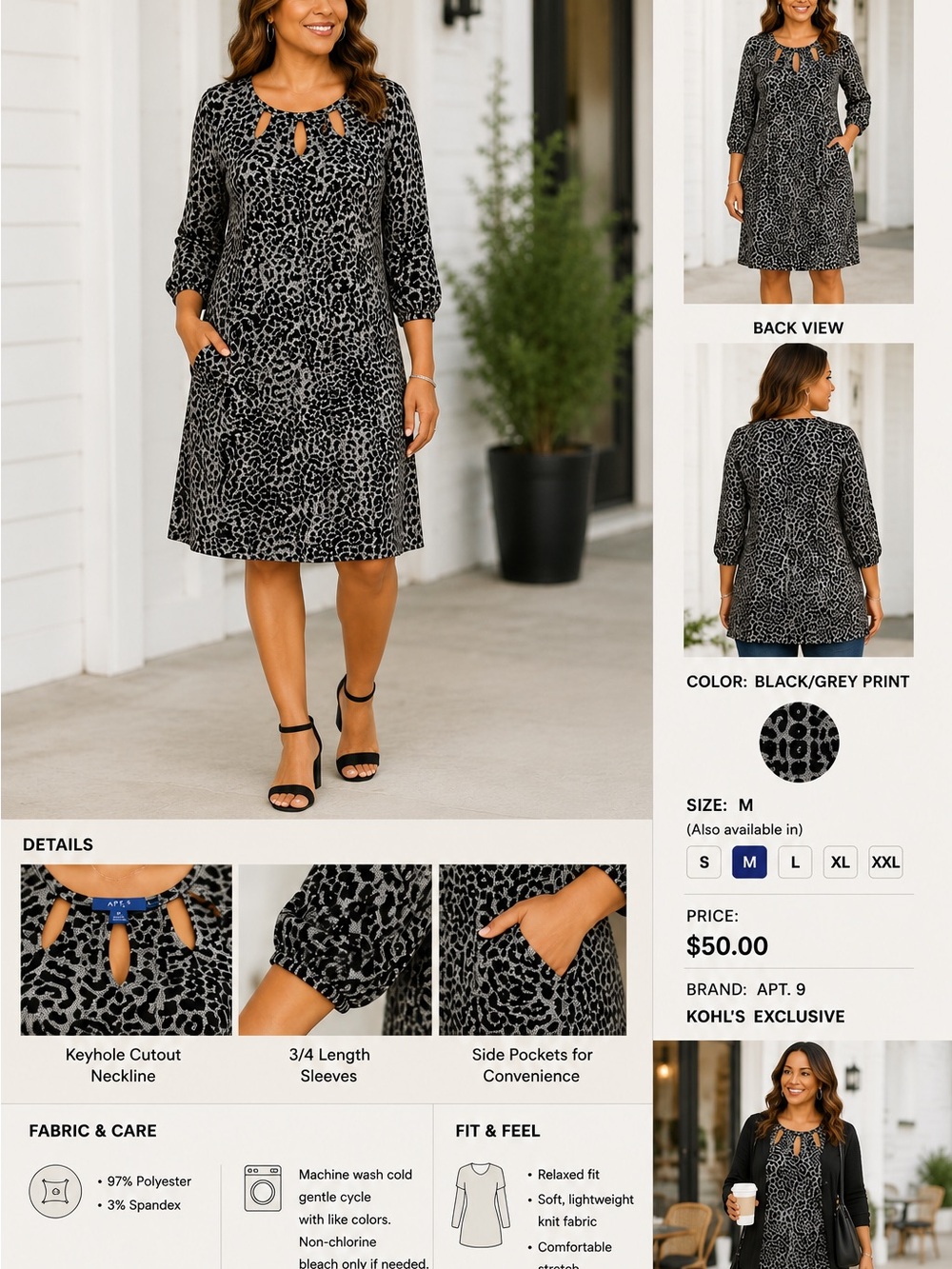 Apt. 9 Black & Grey Animal Print Keyhole Shift Dress